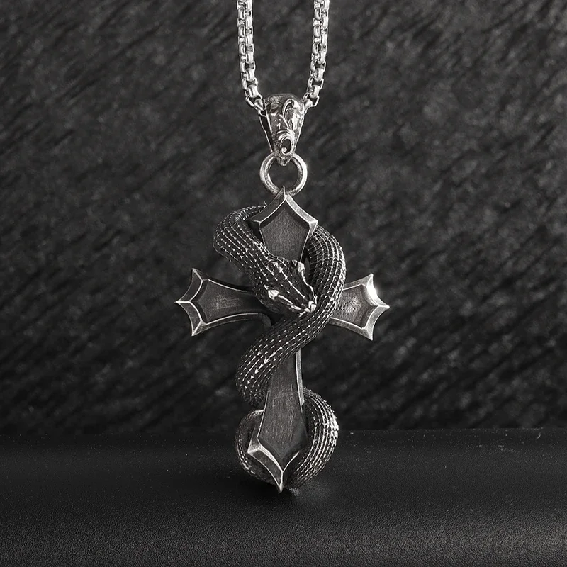 Retro Domineering Dragon Winding Cross Pendant Necklace Men's
