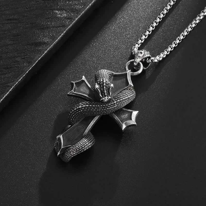 Retro Domineering Dragon Winding Cross Pendant Necklace Men's