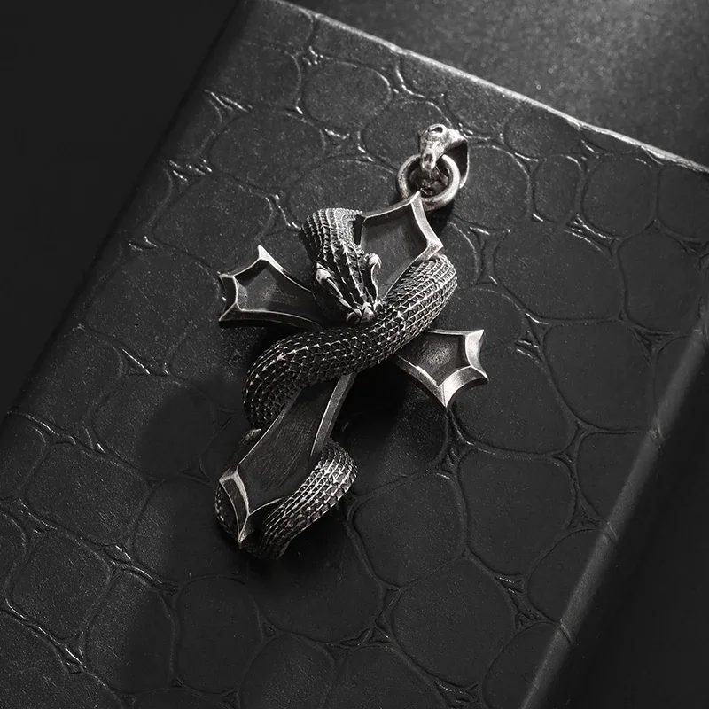 Retro Domineering Dragon Winding Cross Pendant Necklace Men's