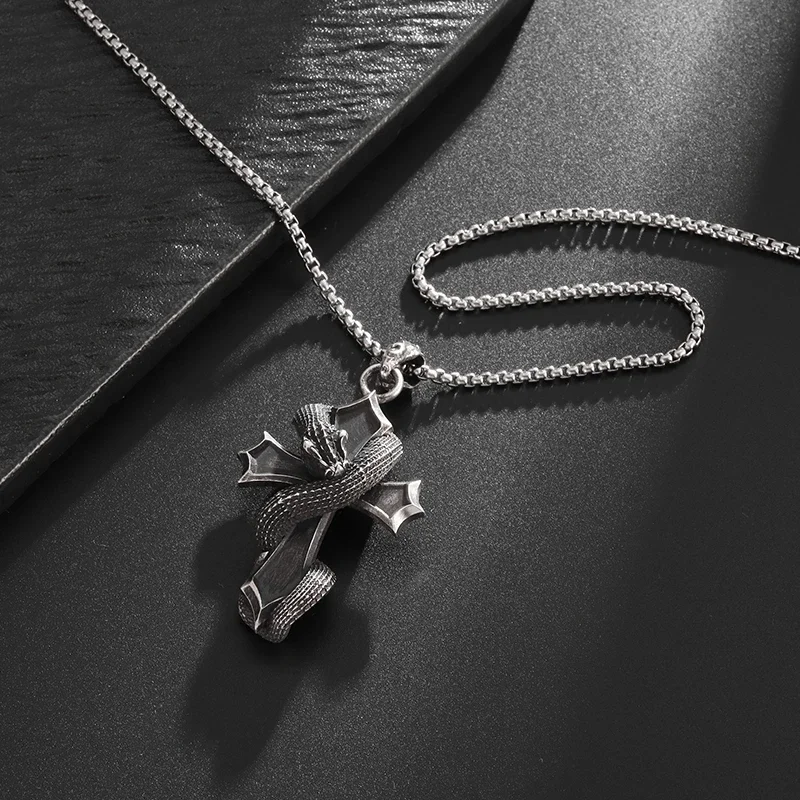 Retro Domineering Dragon Winding Cross Pendant Necklace Men's